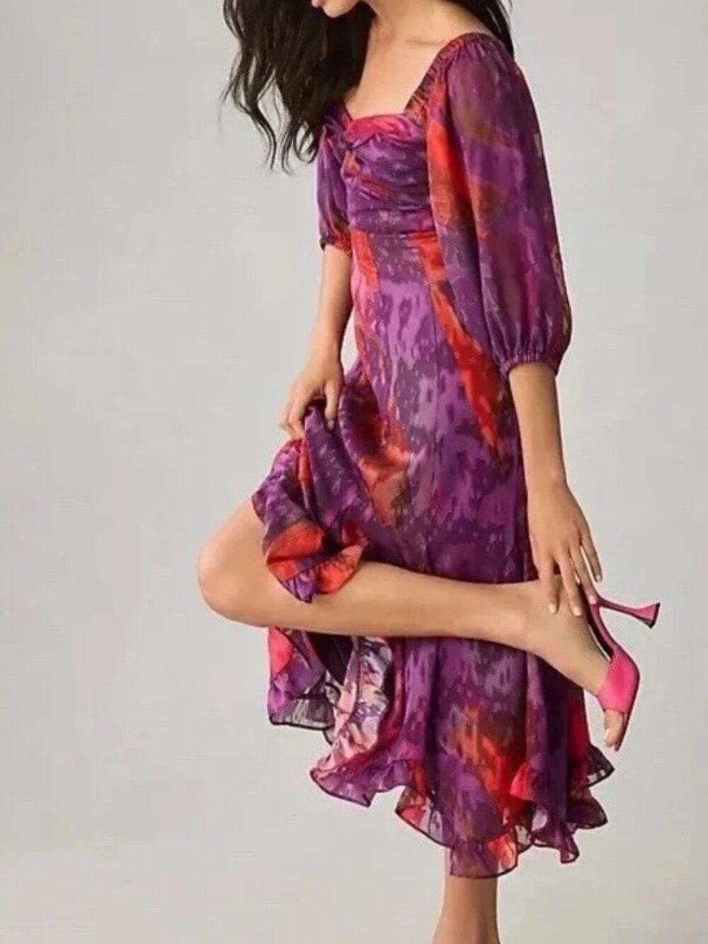 Hutch Petite Printed Twist-Front Puff-Sleeve Ruffle-Hem Dress